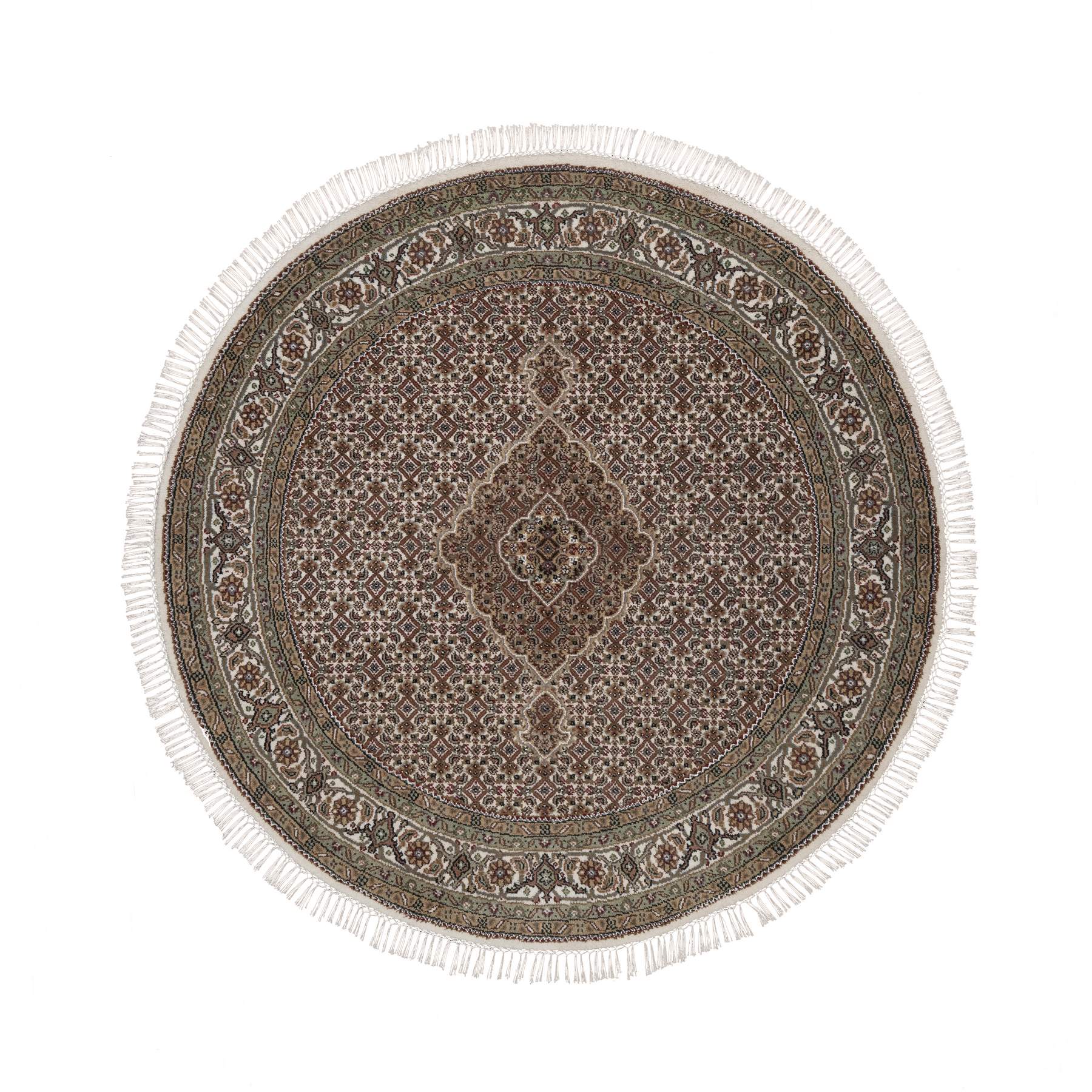 Pearl White, Tabriz Mahi with Fish Medallions Design, Hand Knotted, 100% Wool, 175 KPSI, Round, Oriental Rug